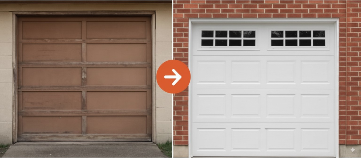 Comparison of an old and new garage door